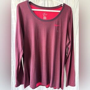 Nike Women’s Long-Sleeve Scoop Neck Top — Burgundy with Pink Swoosh